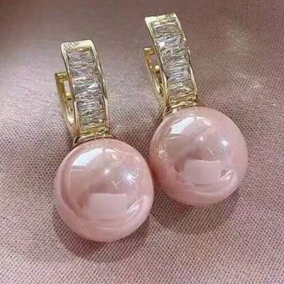 Pink Pearl Rhinestone Hoop Earrings - Picture 2 of 3